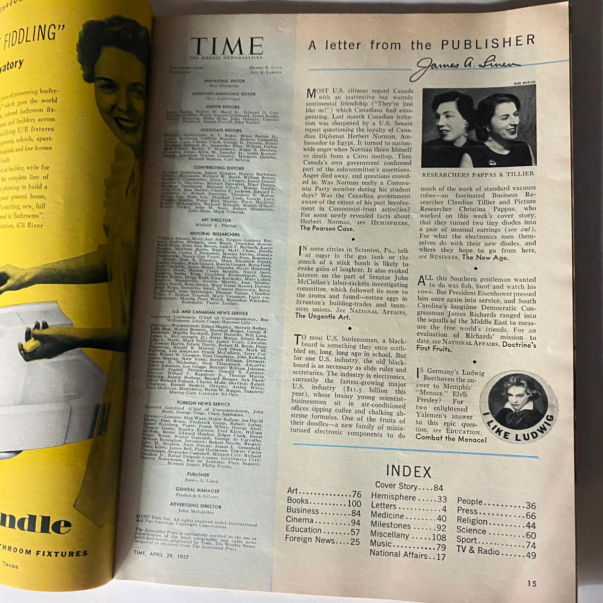 Inside page of the Vintage Time Magazine from April 29, 1957, showing a letter from the publisher and the index of the magazine, part of Volume 69, Number 17.