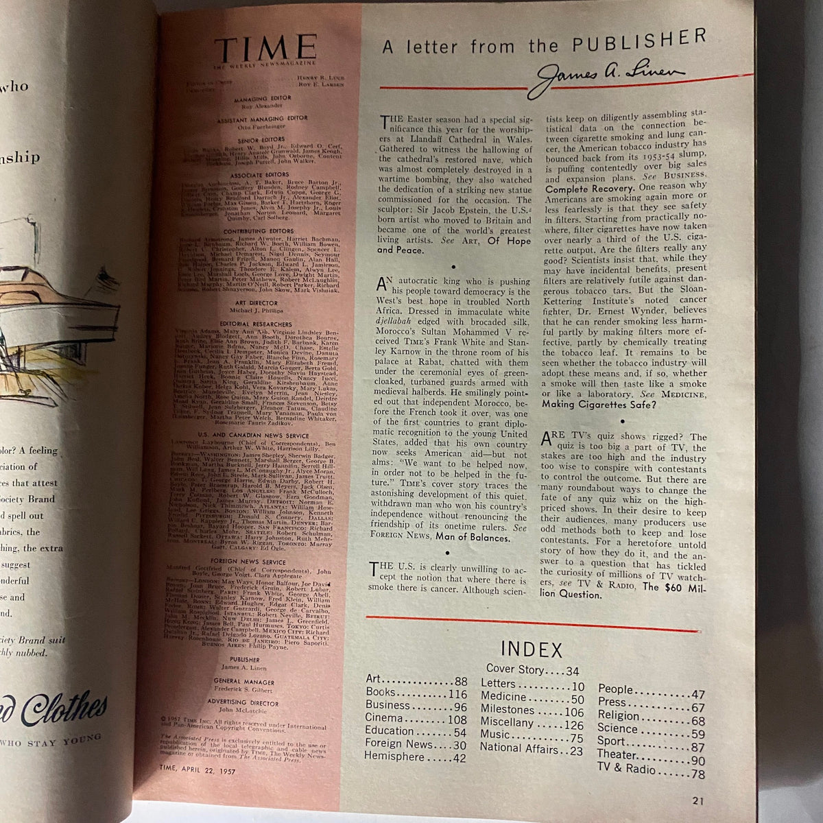 Inside page of Vintage Time Magazine from April 22, 1957, displaying a letter from the publisher and an index of articles from the issue featuring The Sultan of Morocco.