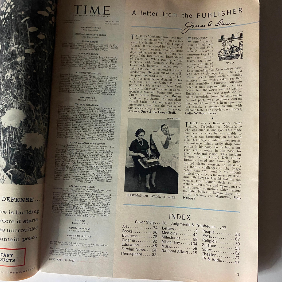 Interior page of Vintage Time Magazine April 8, 1957, including a letter from the publisher and the magazine's table of contents.