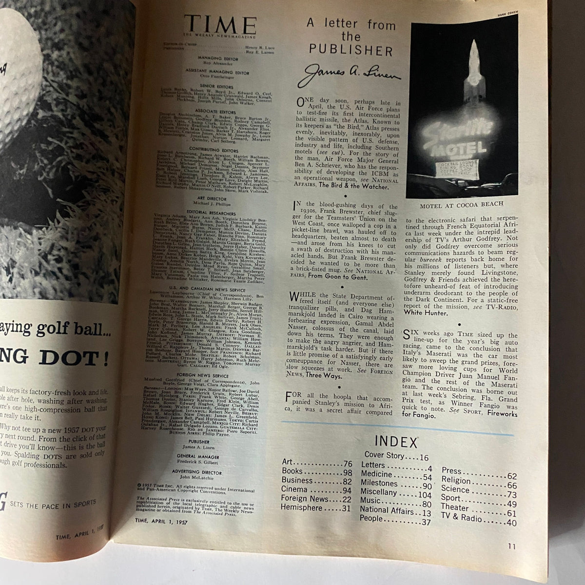 Inside page of VTG Time Magazine April 1, 1957 featuring a letter from the publisher and an index listing, encapsulating historical content relevant to that era.