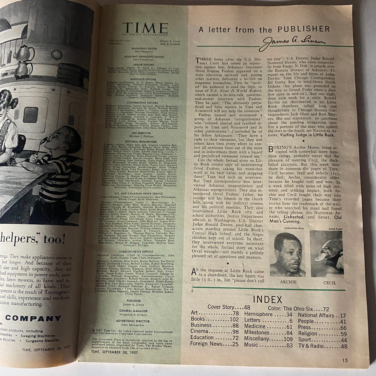 Inside page of VTG Time Magazine September 30, 1957 featuring a letter from the publisher and editorial details, providing insights into the magazine's content.