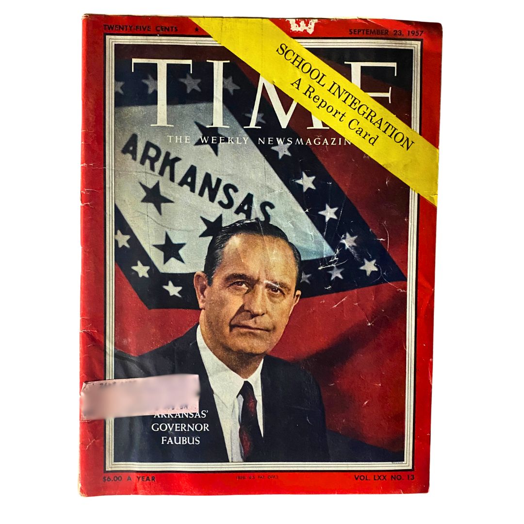 Vintage Time Magazine from September 23, 1957, featuring Arkansas Governor Orval Faubus on the cover, highlighting the significant topic of school integration.