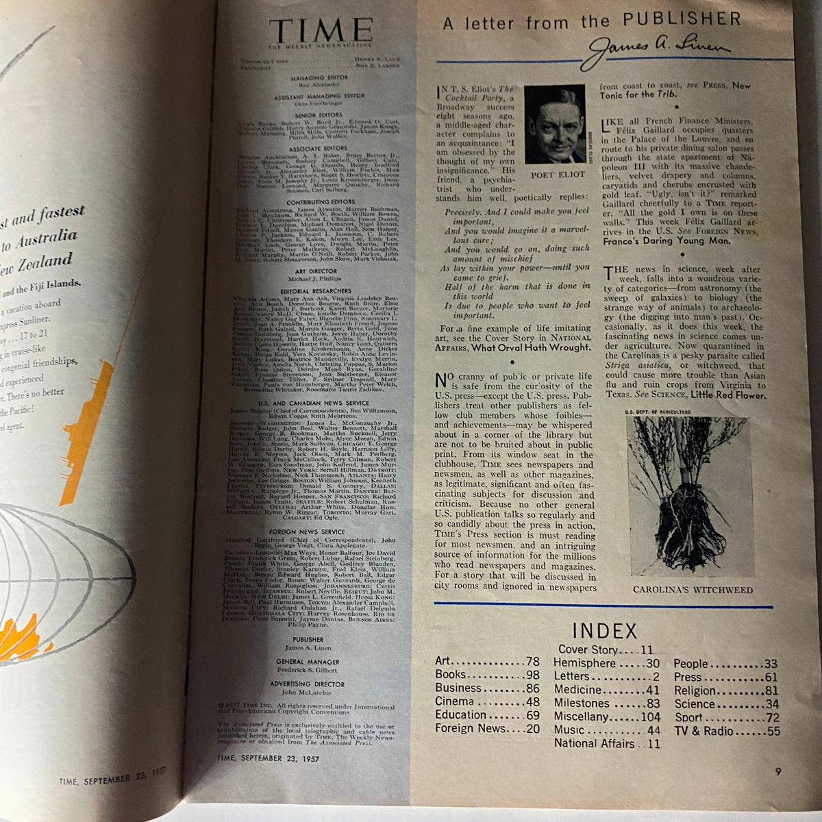 Interior page of VTG Time Magazine September 23, 1957, featuring editorial content and publisher's letter.