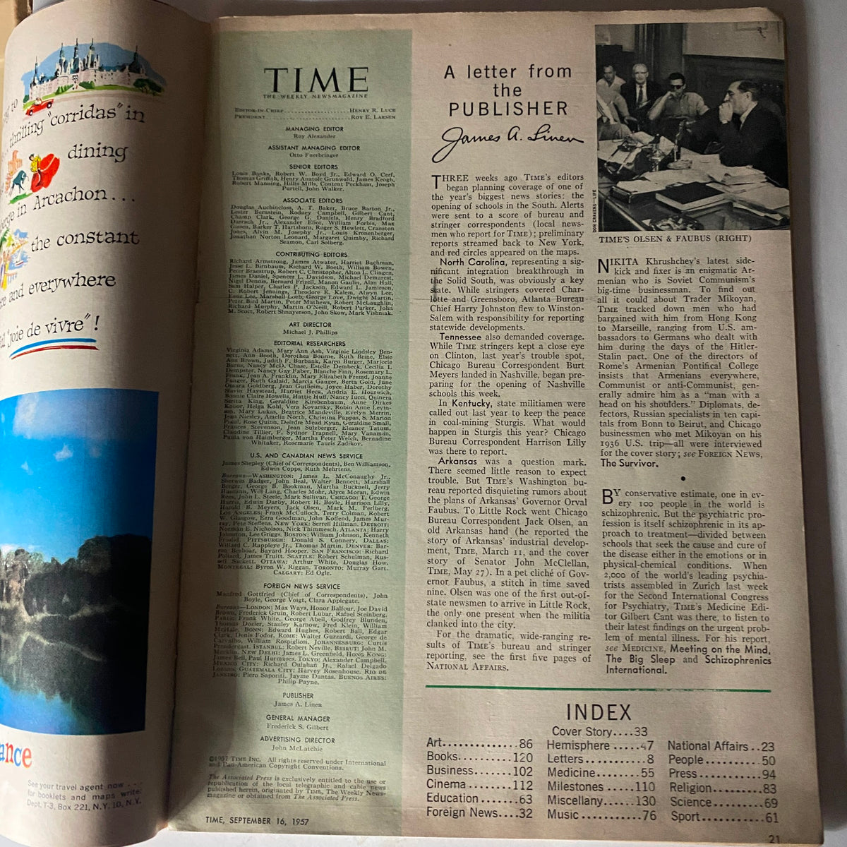 Interior page of Time Magazine September 16, 1957, including a letter from the publisher with an overview of current affairs during the Cold War.