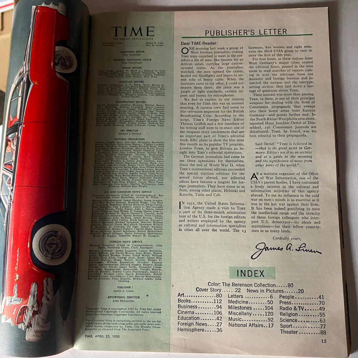 Inside page of VTG Time Magazine April 25, 1955 featuring the publisher's letter and magazine index, providing insights into the content of the issue.