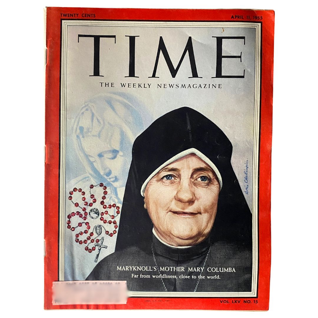 VTG Time Magazine April 11, 1955 featuring Maryknoll's Mother Mary Columbia on the cover. The magazine showcases historical insights from the 1950s with a striking image of Mother Mary Columbia in a black habit.