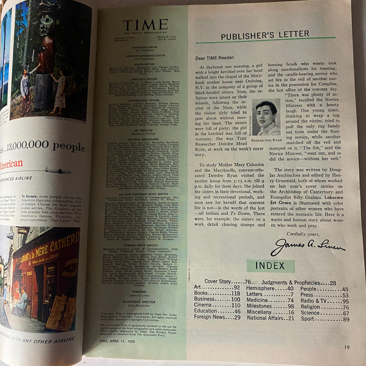 Interior page of VTG Time Magazine April 11, 1955, showcasing the Publisher's Letter and index, featuring articles and insights from the era.