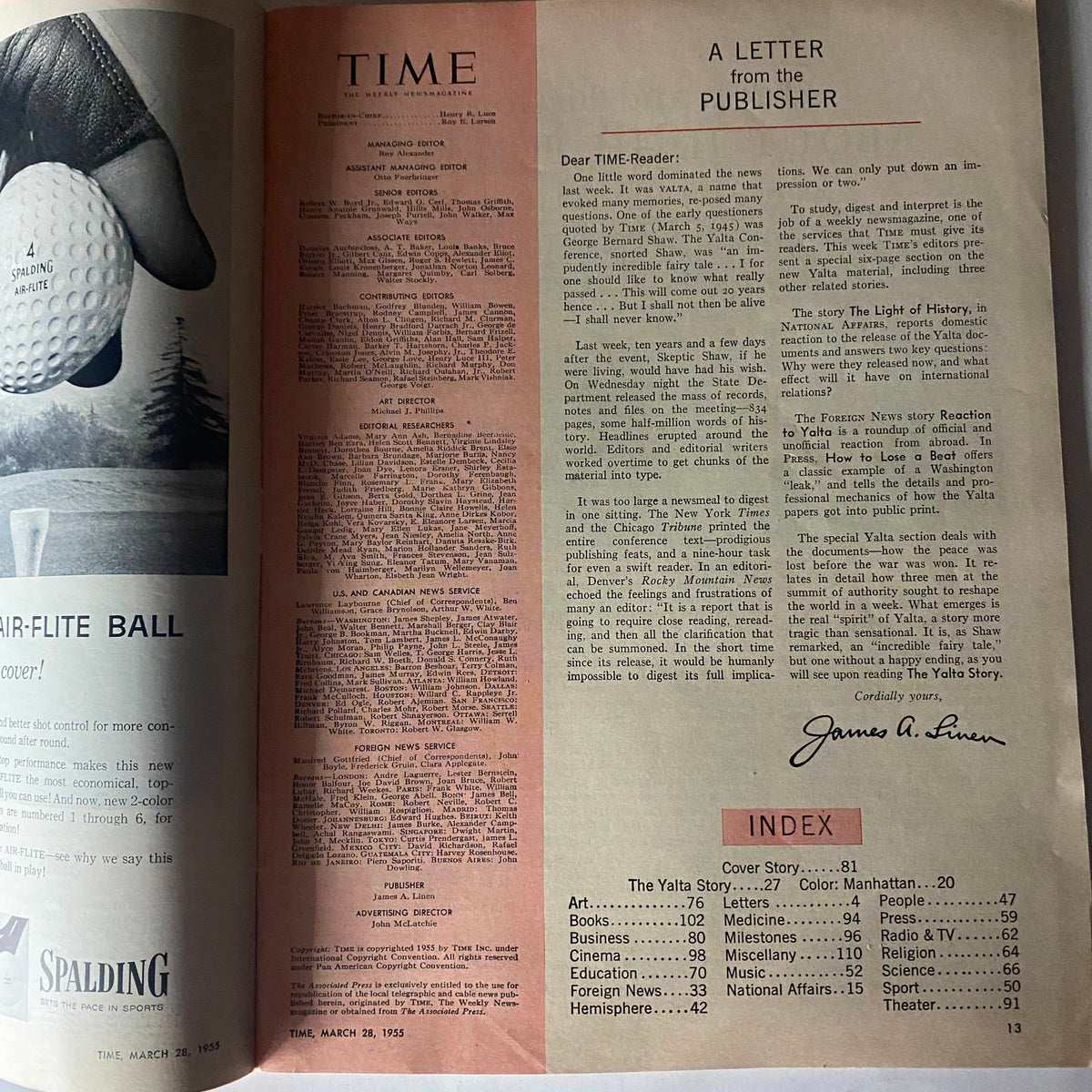 Inside page of the vintage Time Magazine from March 28, 1955, showing a letter from the publisher and the magazine's index.