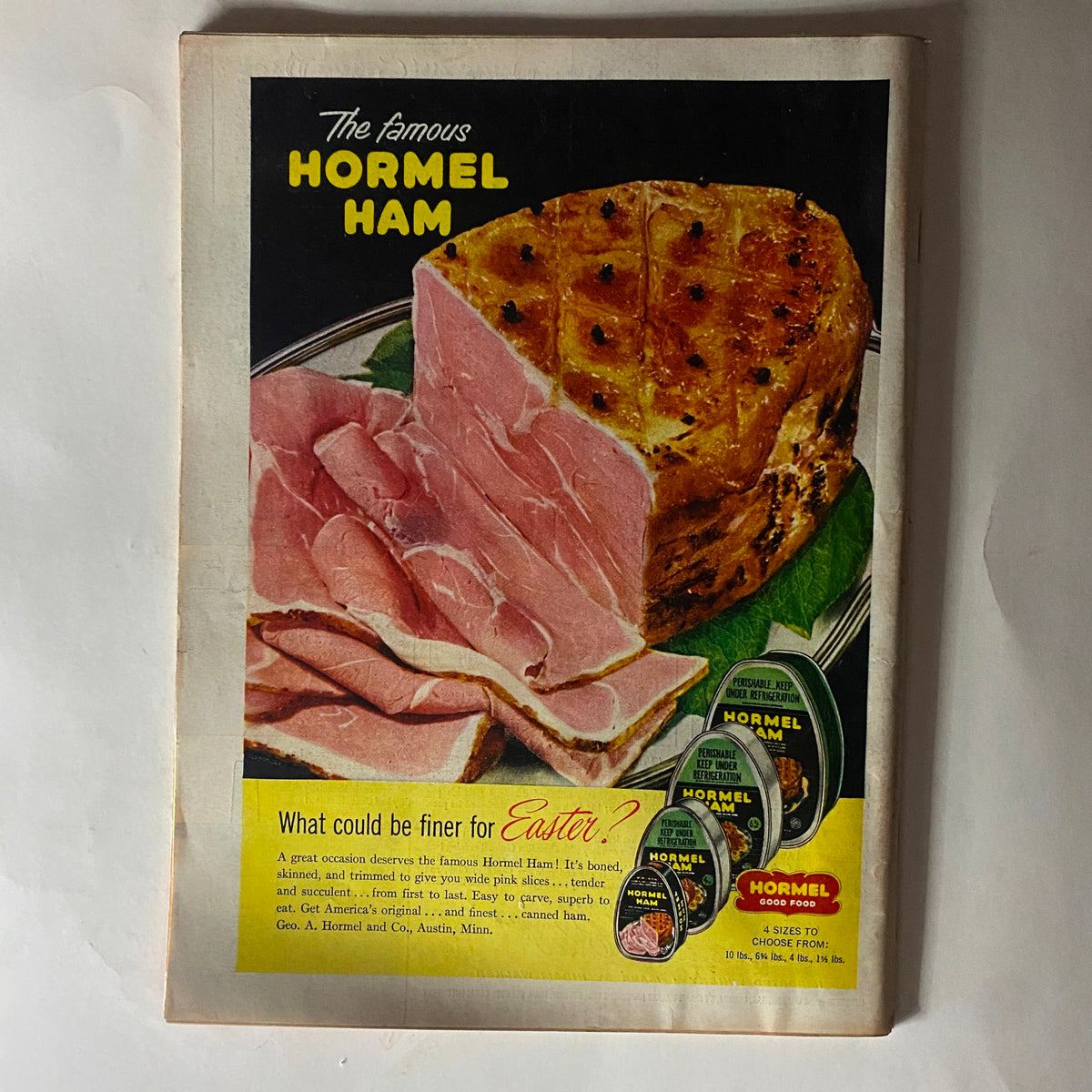 Back cover of the vintage Time Magazine from March 28, 1955, showcasing an advertisement for Hormel Ham with a delicious ham display.