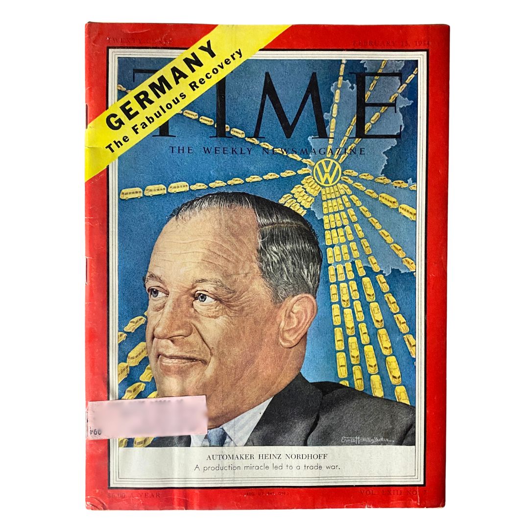 Vintage Time Magazine cover from February 15, 1954, featuring automaker Heinz Nordhoff and highlighting Germany's post-war recovery.