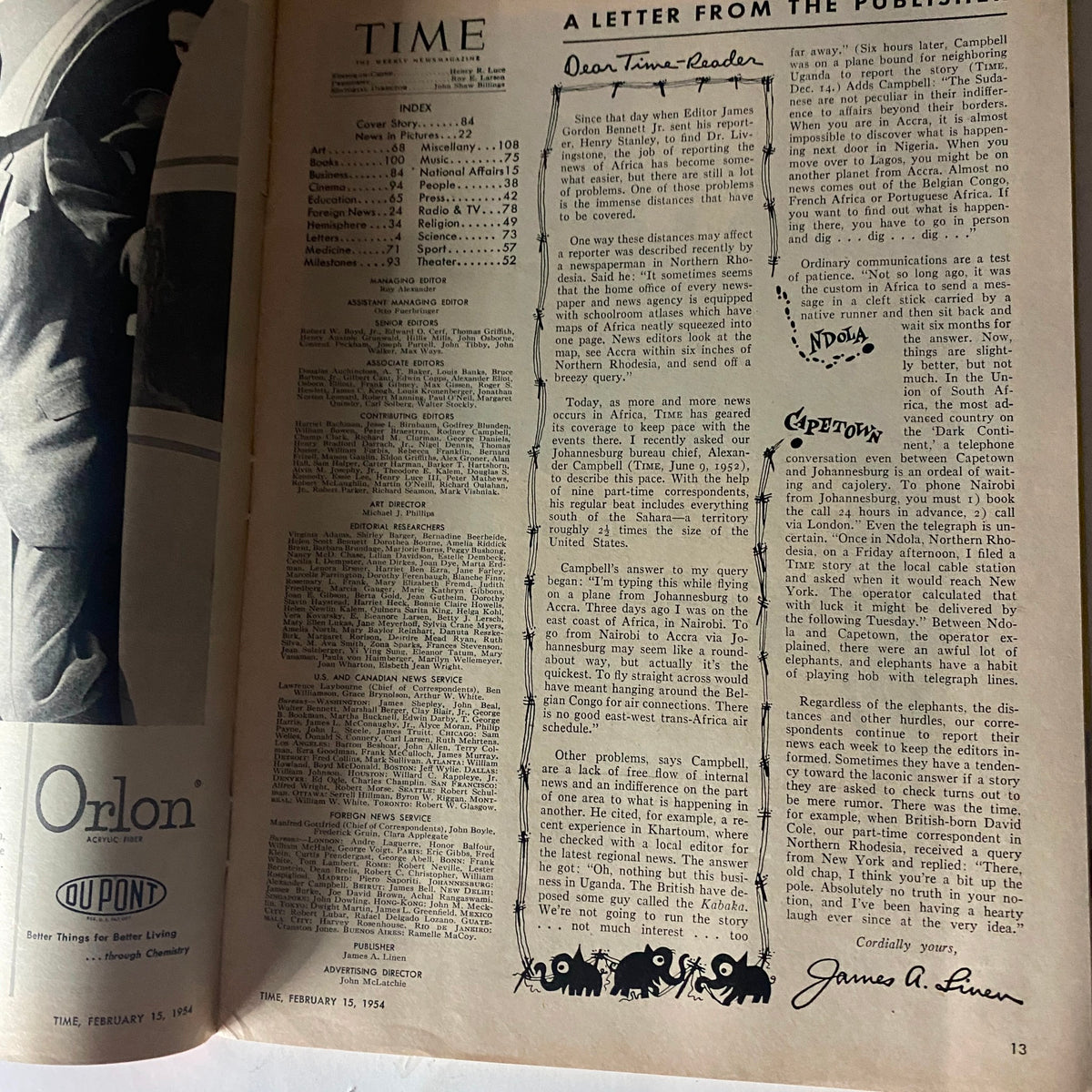 Interior page of Time Magazine February 15, 1954, showing a letter from the publisher and the index of articles.