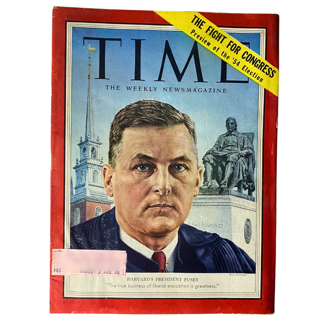 Vintage Time Magazine cover from March 1, 1954, featuring Harvard's President Pusey, showcasing historical significance and unique artwork.