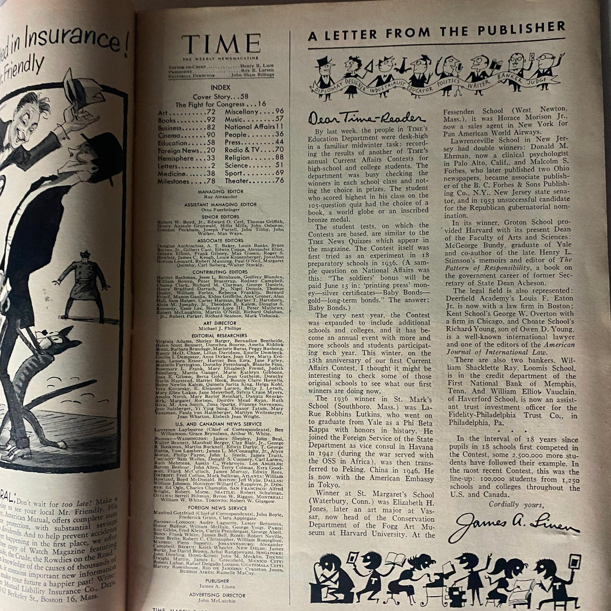 Inside page of Time Magazine from March 1, 1954, including a letter from the publisher and an index of contents, highlighting American historical context.