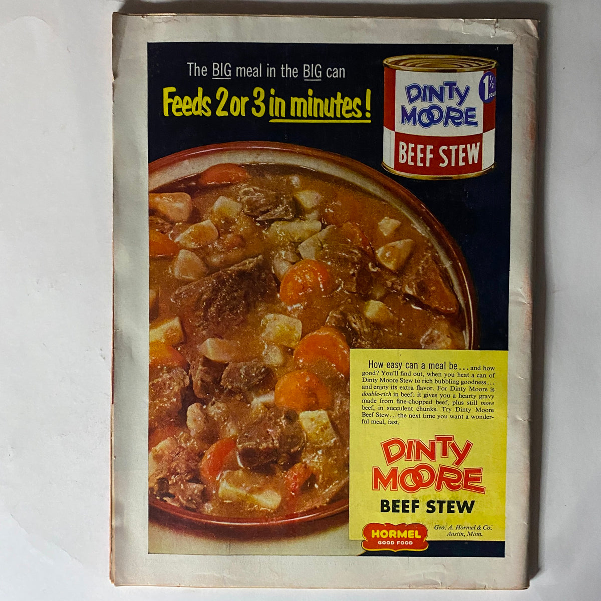 Back cover of Time Magazine from March 1, 1954, featuring an advertisement for Dinty Moore Beef Stew, illustrating mid-20th century food marketing.