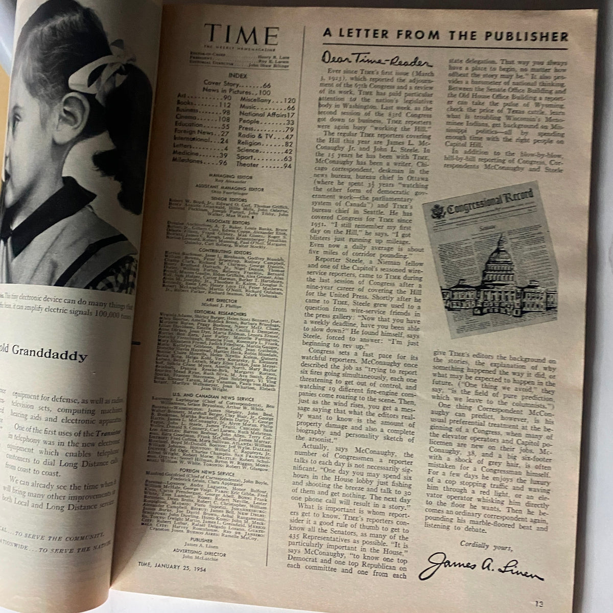 Inside page of VTG Time Magazine from January 25, 1954, contains a letter from the publisher and an index, highlighting magazine content.