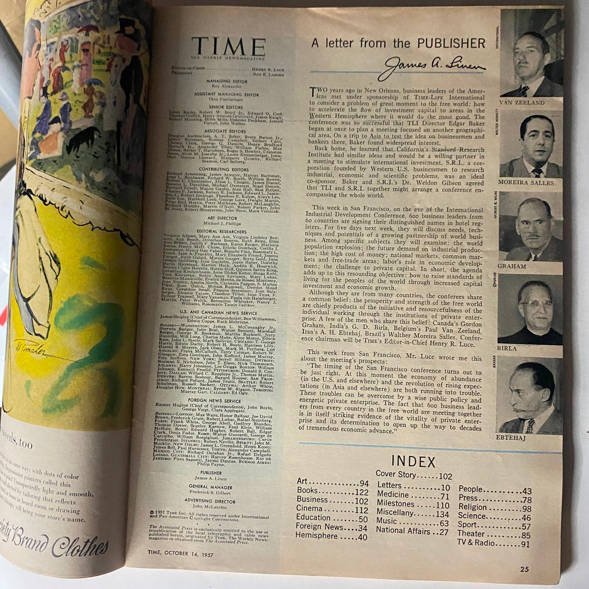 Inside page of VTG Time Magazine October 14, 1957, displaying a letter from the publisher and a detailed index of the articles in this edition, Vol 70 No 16.