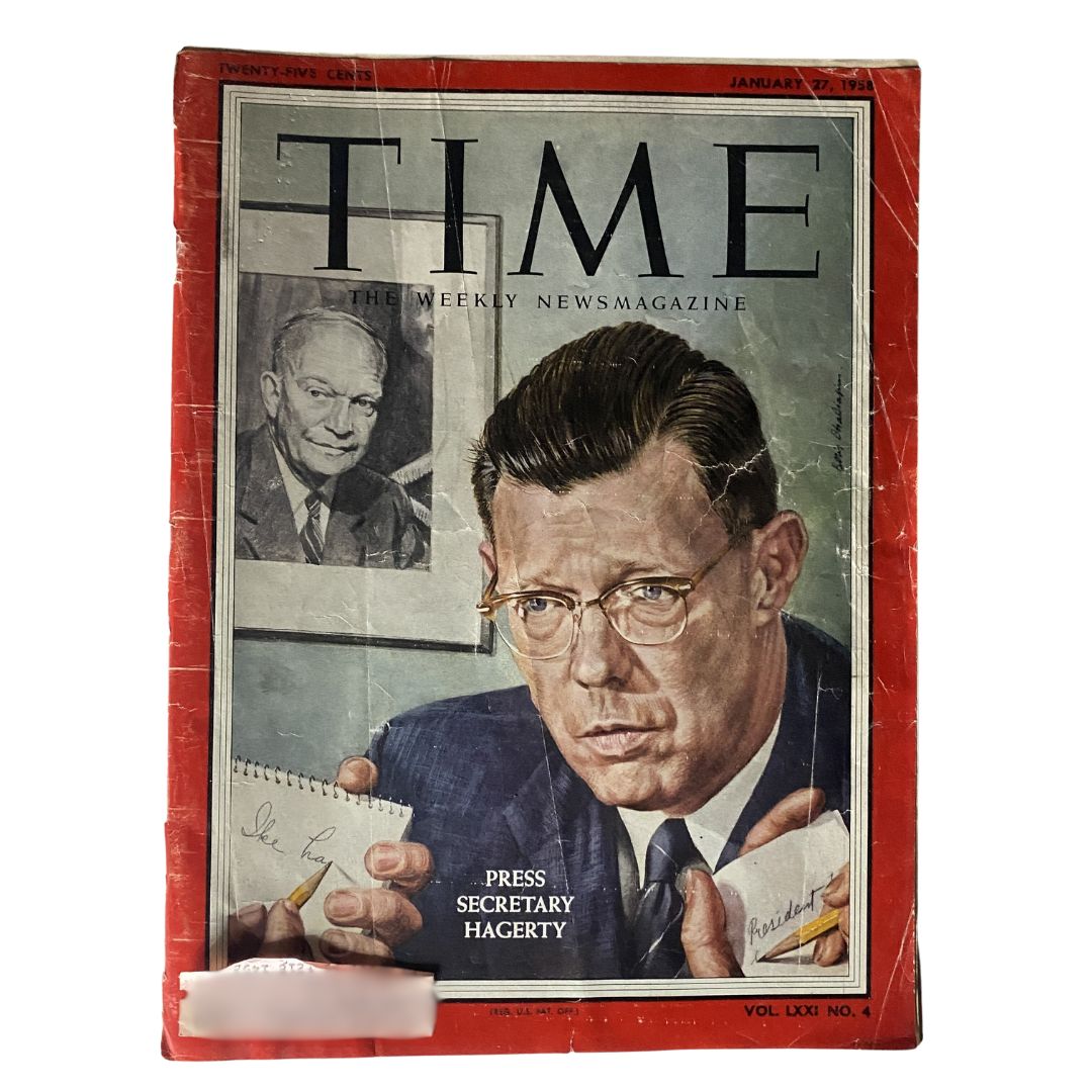 Cover of VTG Time Magazine January 27, 1958 featuring Press Secretary James Hagerty, showcasing a detailed portrait and vintage design.