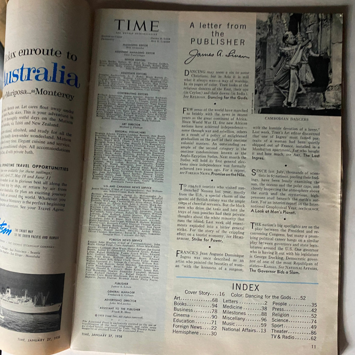 Interior page of Time Magazine January 27, 1958 featuring a letter from the publisher James A. Linen and articles about cultural topics, providing a glimpse into the historical context of that era.