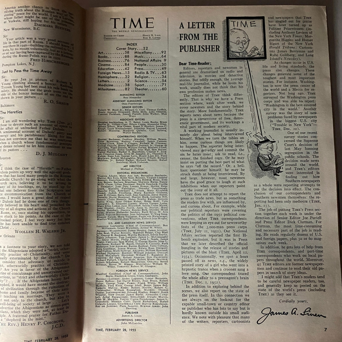 Inside page of VTG Time Magazine February 28, 1955 featuring a letter from the publisher and index of articles including notable historical content.