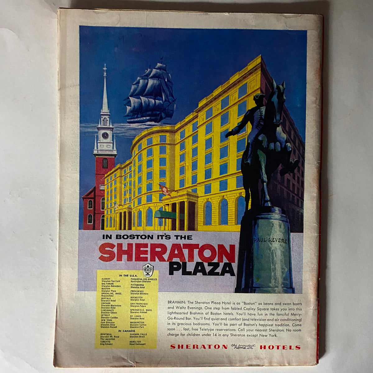 Vintage advertisement in VTG Time Magazine February 28, 1955 for the Sheraton Plaza Hotel in Boston, featuring colorful illustrations and hospitality details.