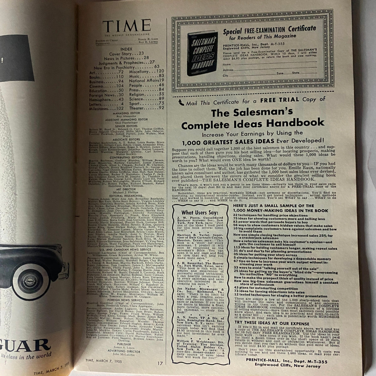 Inside page of VTG Time Magazine March 7, 1955 showcasing the index and articles including 'The Salesman's Complete Ideas Handbook'.