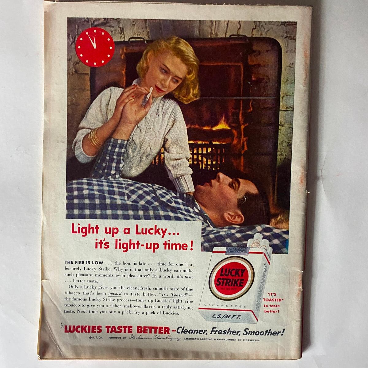 Back cover of VTG Time Magazine March 7, 1955 featuring an advertisement for Lucky Strike cigarettes with a visually appealing image.