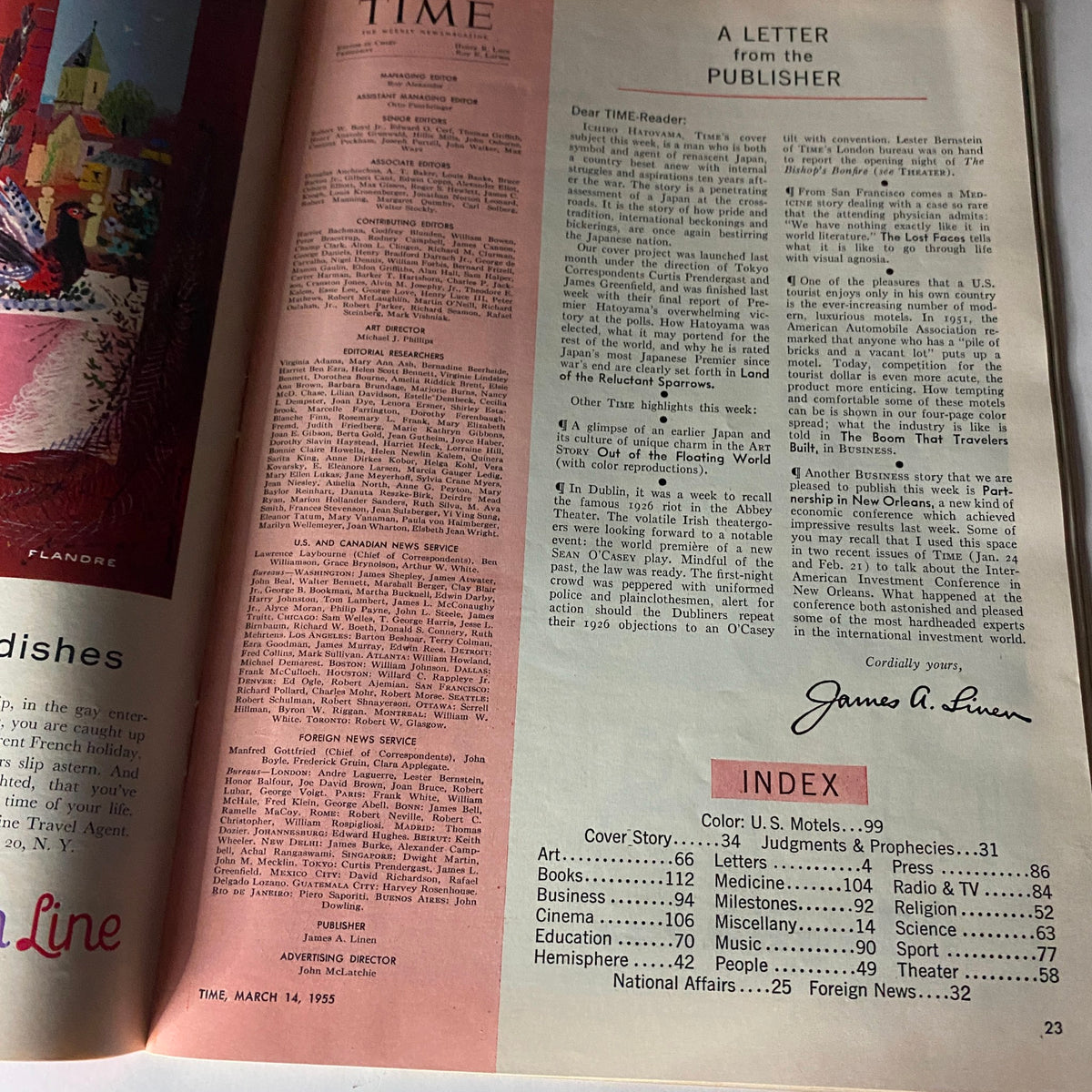 Inside page of VTG Time Magazine from March 14, 1955, showcasing a letter from the publisher and the index of articles.
