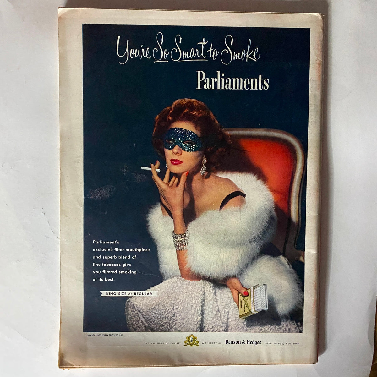 Vintage advertisement for Parliament cigarettes featuring an elegant woman in a glamorous outfit smoking, showcasing the slogan 'You're So Smart to Smoke'. This image is from the collection of the vintage Time Magazine titled 'VTG Time Magazine March 14, 1955 Vol 65 No. 11 Japan's Premier Hatoyama'.