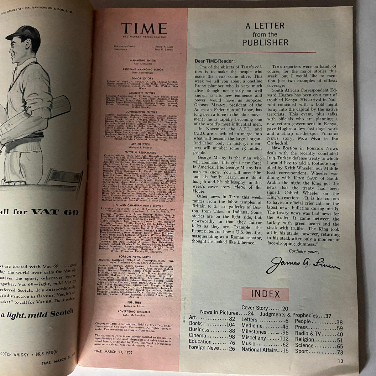 Interior page of Time Magazine dated March 21, 1955, displaying a letter from the publisher and index, emphasizing the historical context of the issue featuring A.F.L.'s George Meany.