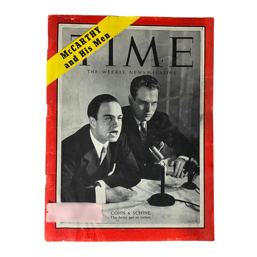 Vintage Time Magazine cover from March 22, 1954, featuring Roy Cohn and G. David Schine, highlighted with 'McCarthy and His Men' banner.