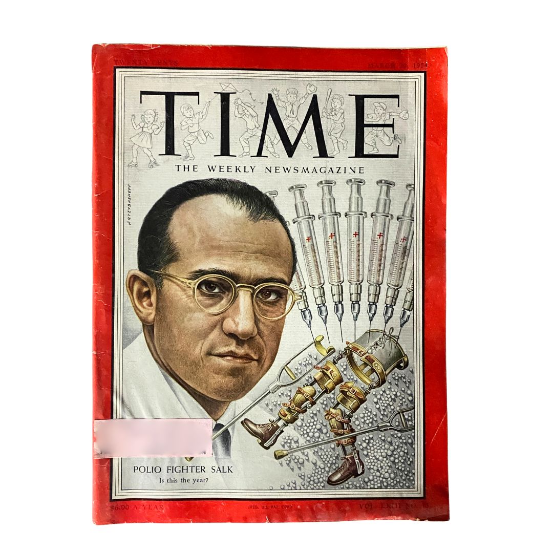 VTG Time Magazine March 29, 1954 featuring Polio Fighter Salk on the cover, highlighting the efforts to combat the polio virus with a dramatic illustration.