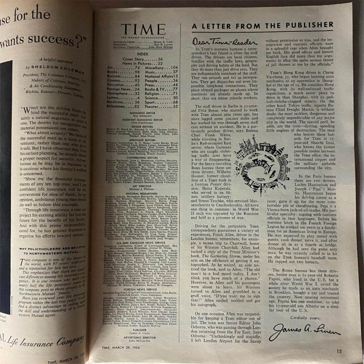 Interior page of VTG Time Magazine from March 29, 1954, showing the publisher's letter and index, a glimpse into the magazine's contents at the time.