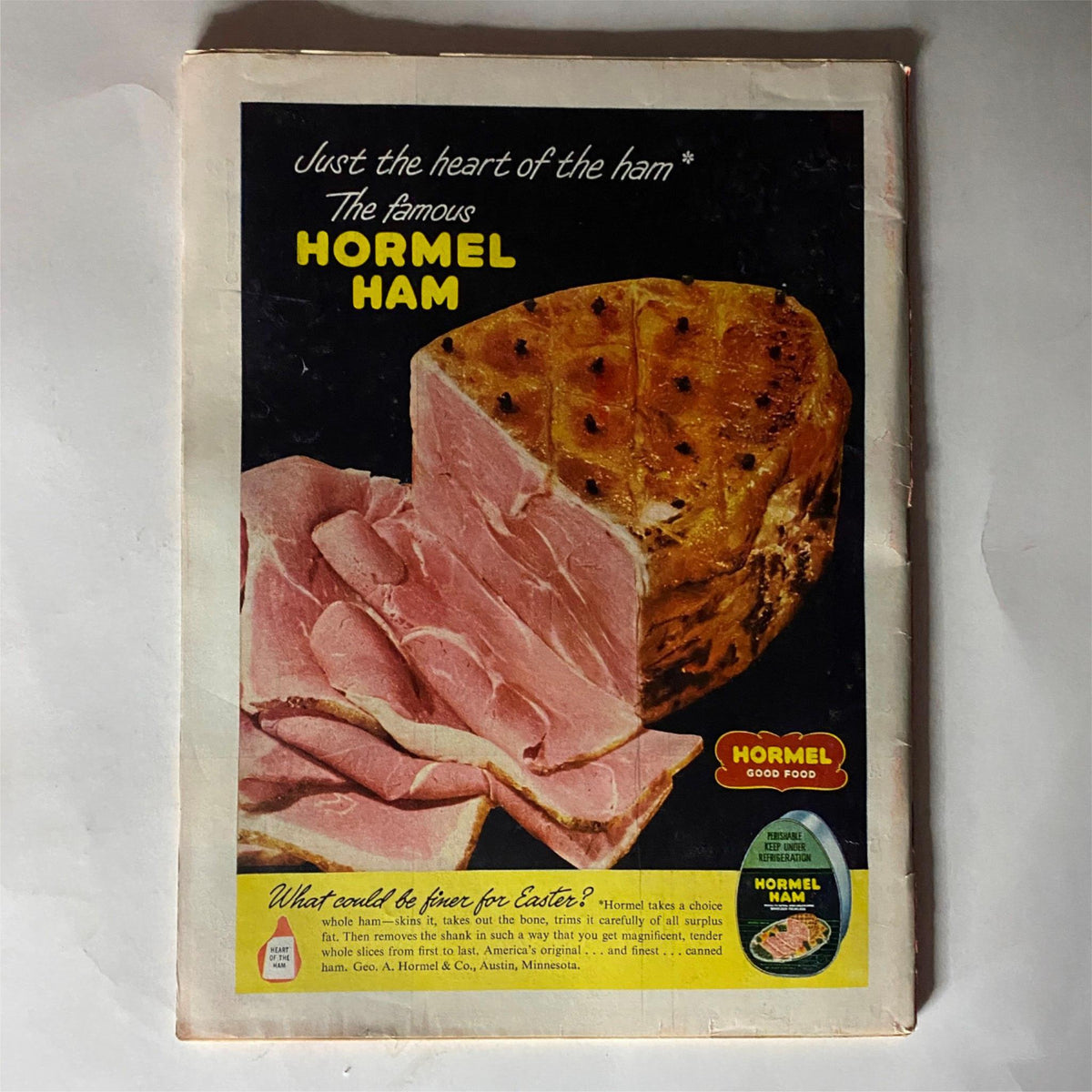 Back cover of VTG Time Magazine March 29, 1954, featuring an advertisement for Hormel Ham, showcasing a delicious and classic food product.