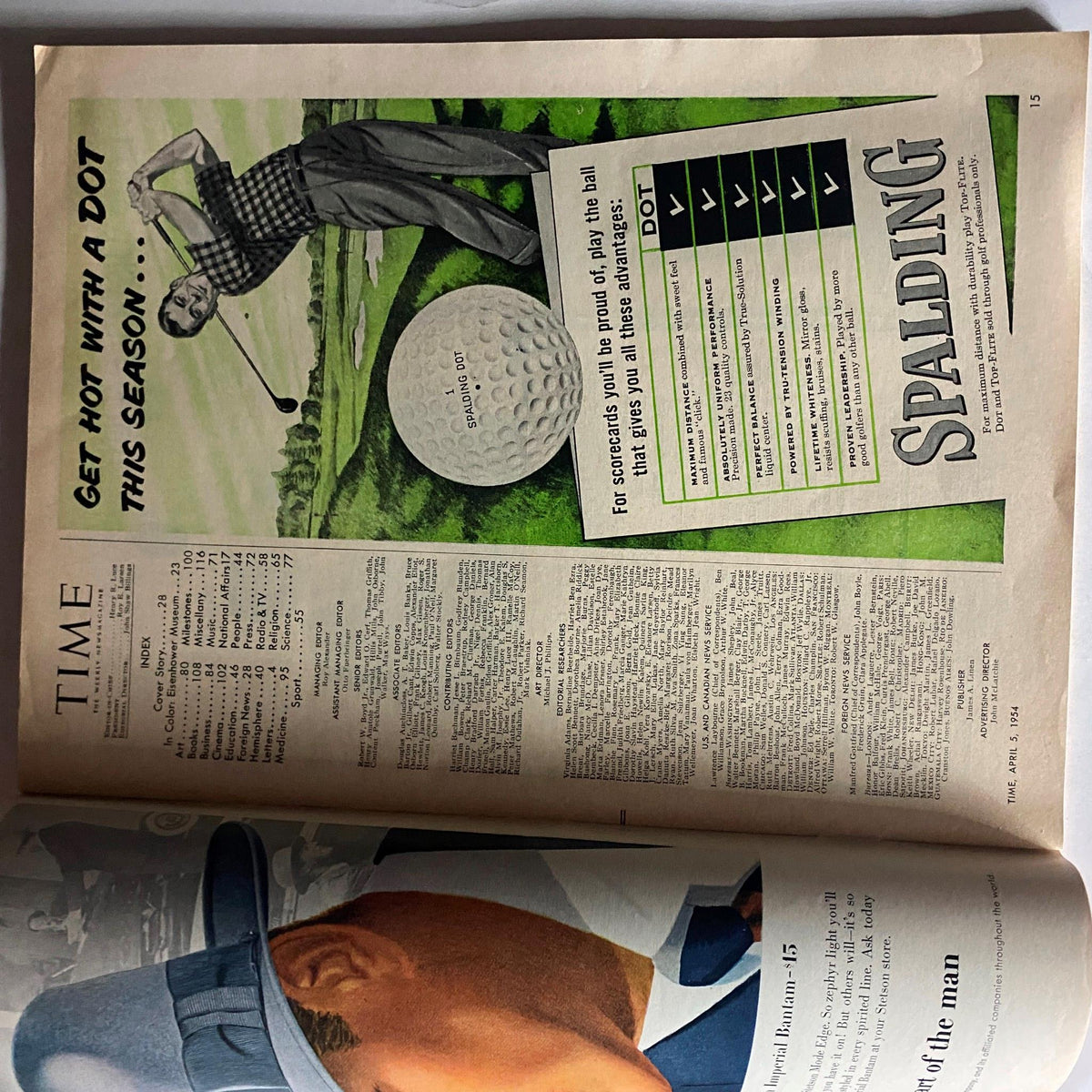 Interior page of VTG Time Magazine April 5, 1954 highlighting an advertisement for Spalding golf products and relevant sports statistics.