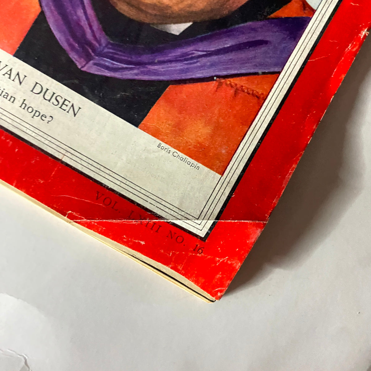 Close-up of the vintage Time Magazine cover dated April 19, 1954, highlighting Paul Van Dusen, with visible wear and historical significance.