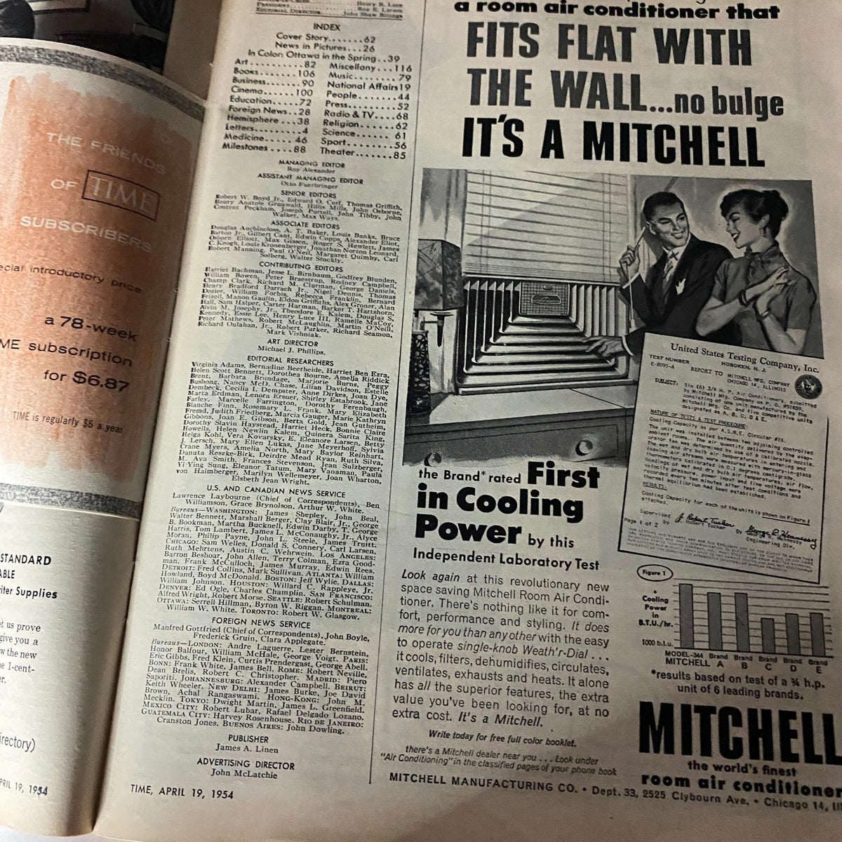 Interior page of the Time Magazine from April 19, 1954, displaying the magazine's index and advertisement features, capturing the mid-20th century context.