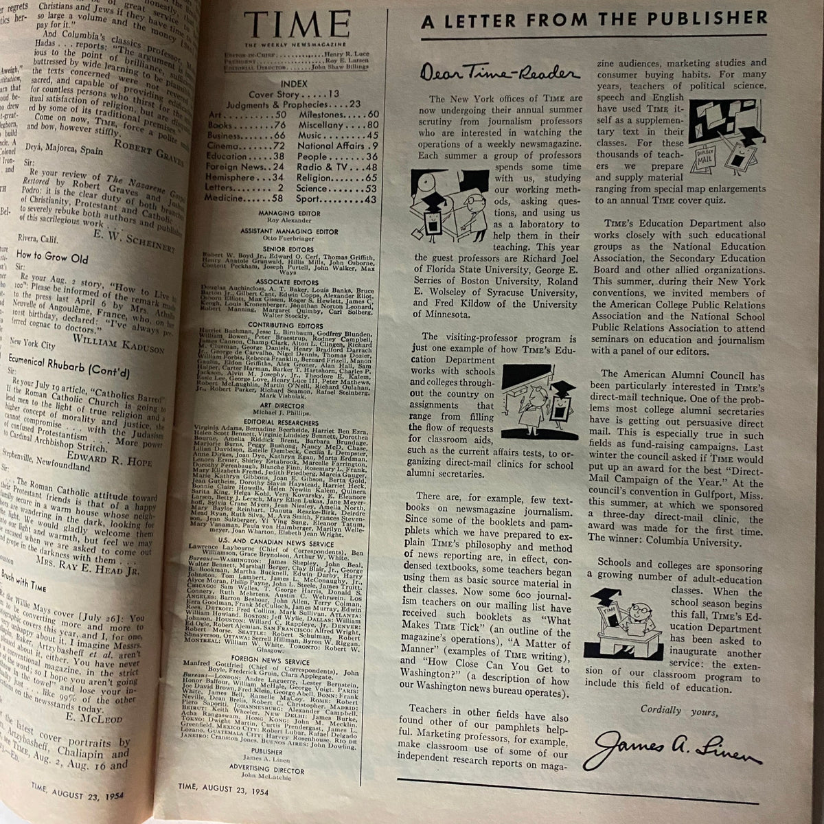 Interior page of the Vintage Time Magazine from August 23, 1954, displaying a letter from the publisher and the article index.