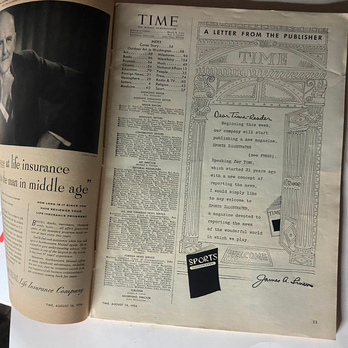 Inside page of Time Magazine from August 16, 1954, displaying the index and a letter from the publisher, reflecting the magazine's editorial content.