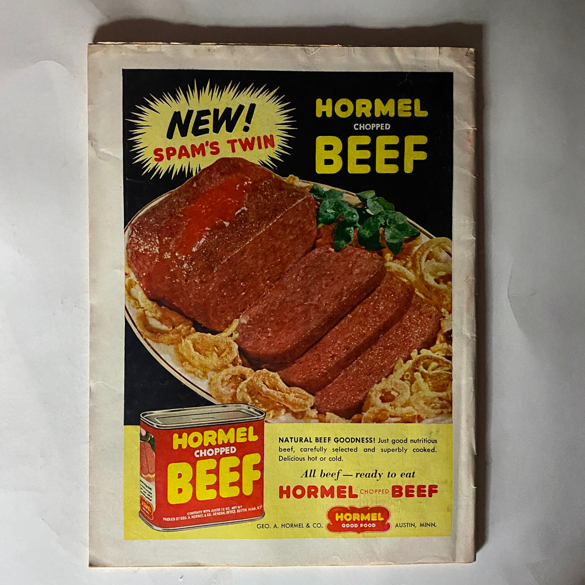 Vintage advertisement for Hormel Chopped Beef featuring a meatloaf display and branding text, from the VTG Time Magazine August 16, 1954 edition with Gina Lollobrigida on the cover.