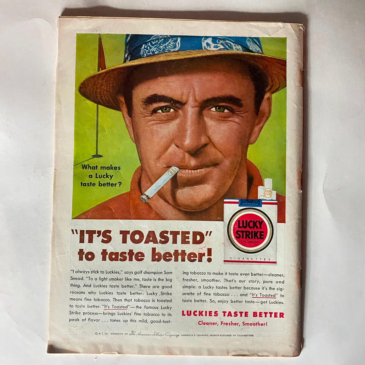 Back cover advertisement of VTG Time Magazine August 9, 1954 Vol 64 No. 6 for Lucky Strike cigarettes with a vintage illustration.