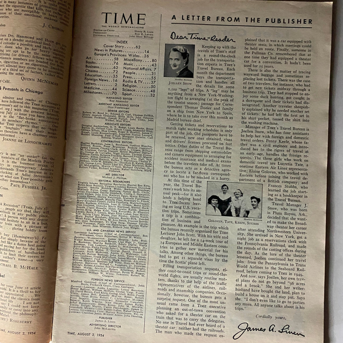 Inside page of VTG Time Magazine August 2, 1954 Vol 64 No. 5 featuring a letter from the publisher and the magazine's index.