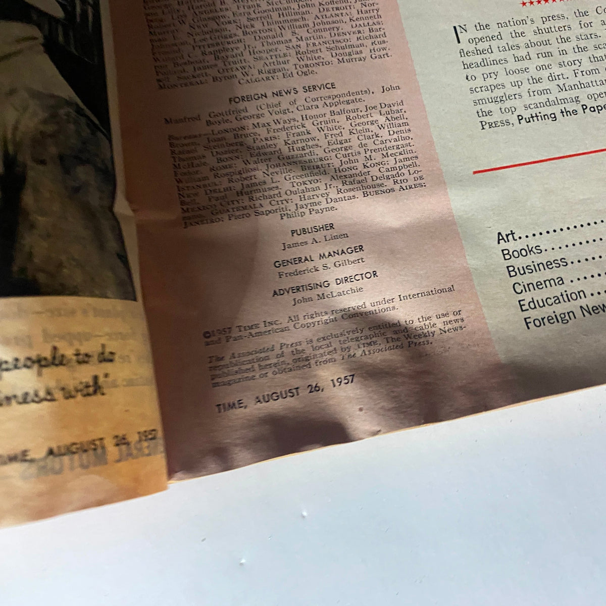 Close-up of the interior page from VTG Time Magazine August 26, 1957 featuring details about the magazine's foreign news service and publisher information.