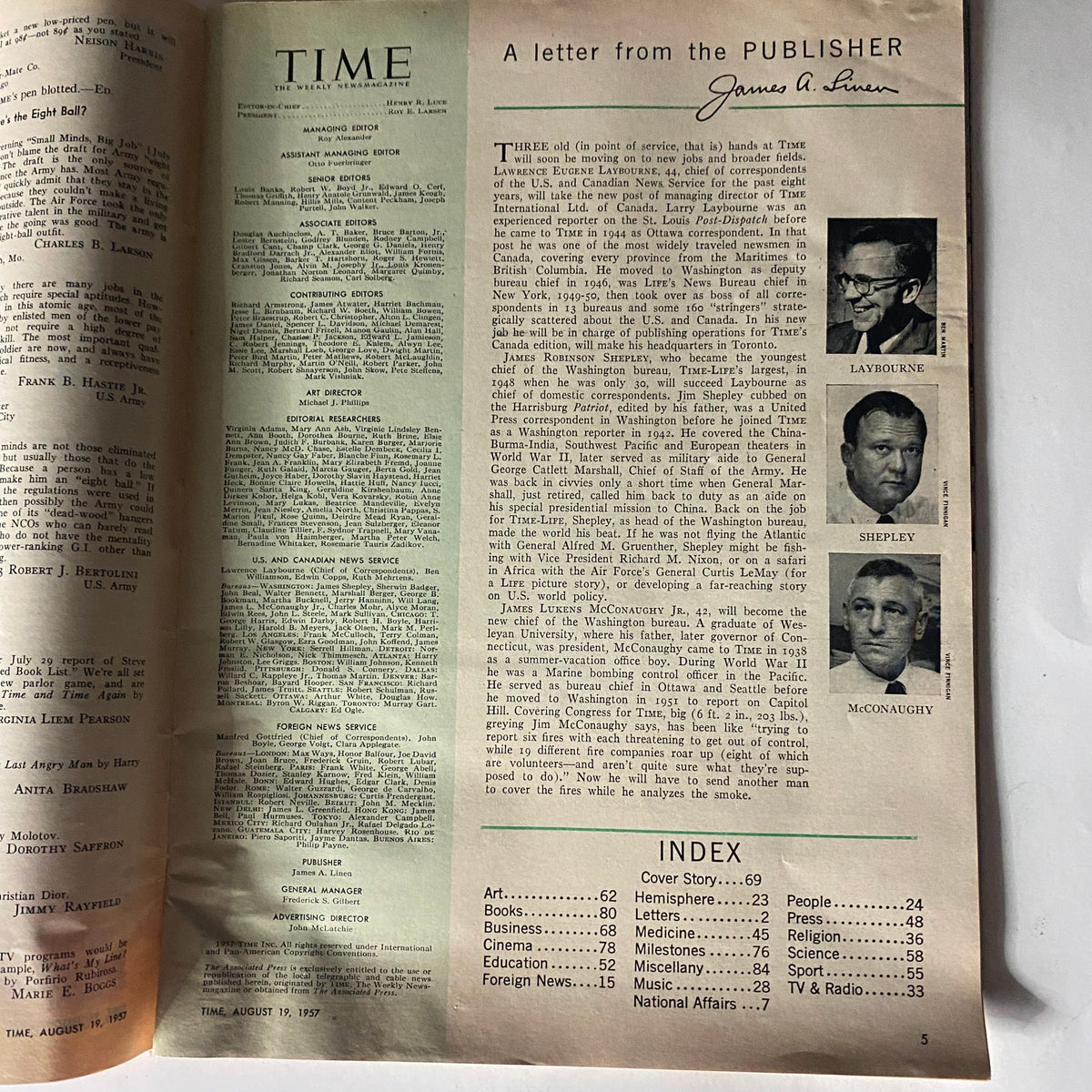 Inside page of VTG Time Magazine August 19, 1957 showing a letter from the publisher and an index, highlighting key contributors and sections of the publication.