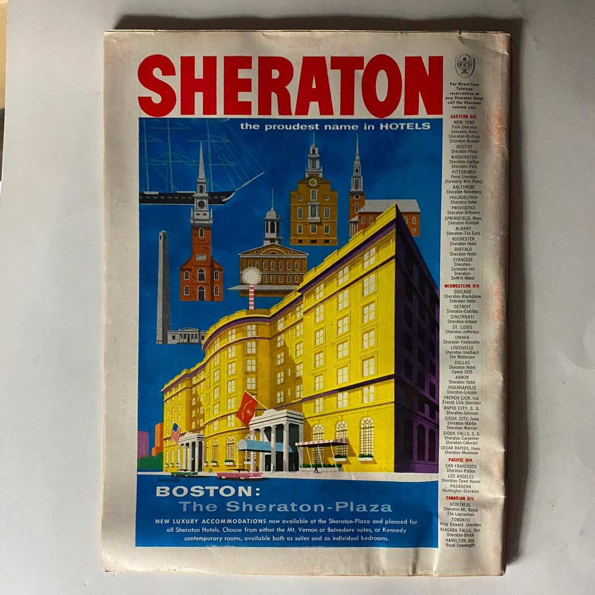 Cover of VTG Time Magazine August 19, 1957 featuring advertisement for Sheraton Hotels, showcasing iconic Boston architecture and the tagline 'the proudest name in HOTELS'.