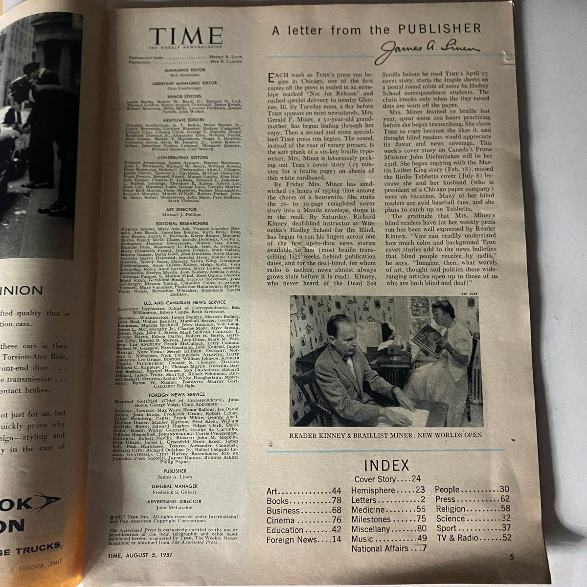 Inside page of VTG Time Magazine August 5, 1957, showcasing a letter from the publisher and details about the magazine's editorial team.