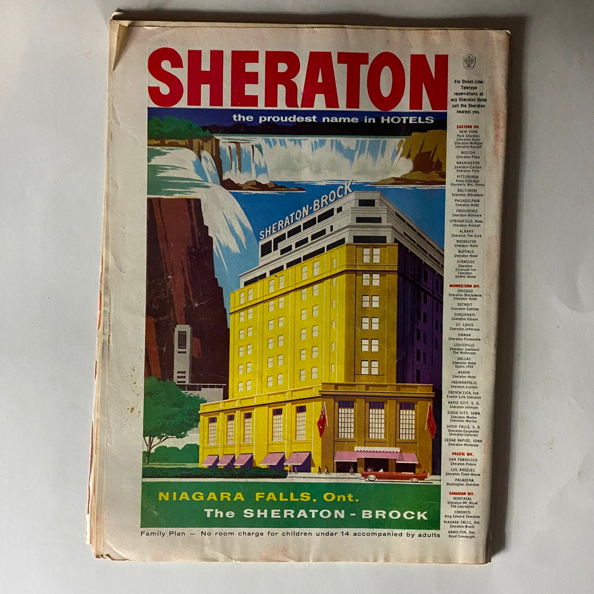 Back cover of VTG Time Magazine July 29, 1957 featuring the Sheraton-Brock hotel advertisement with vibrant graphics.