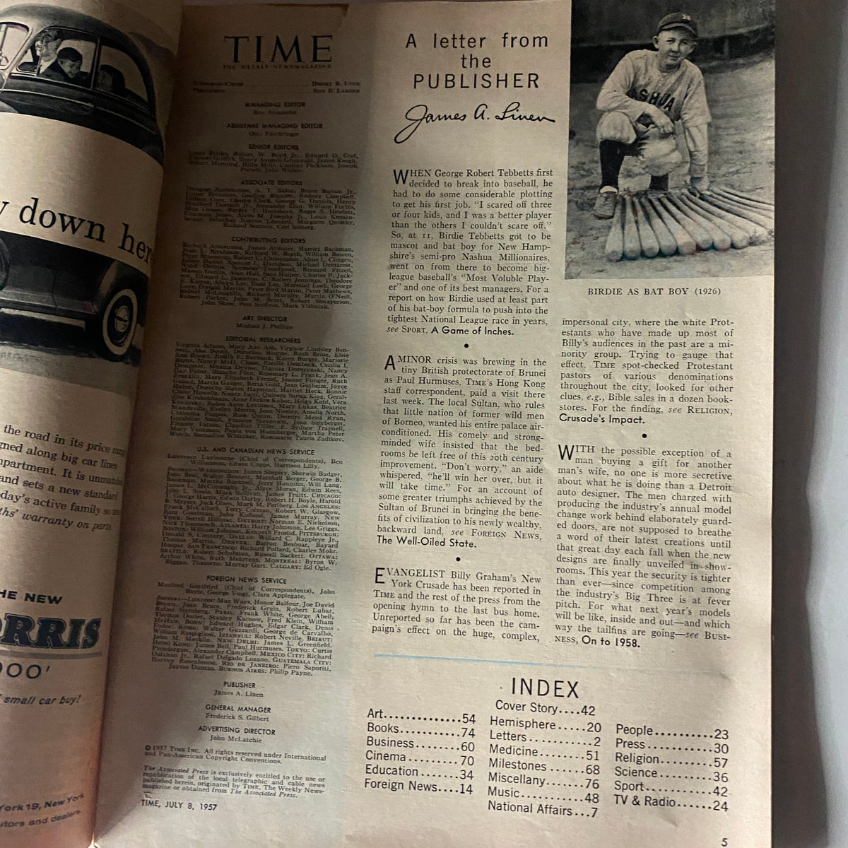 Inside page of VTG Time Magazine July 8, 1957 featuring a publisher's letter and an article about Birdie Tebbetts, showcasing vintage typography and layout.