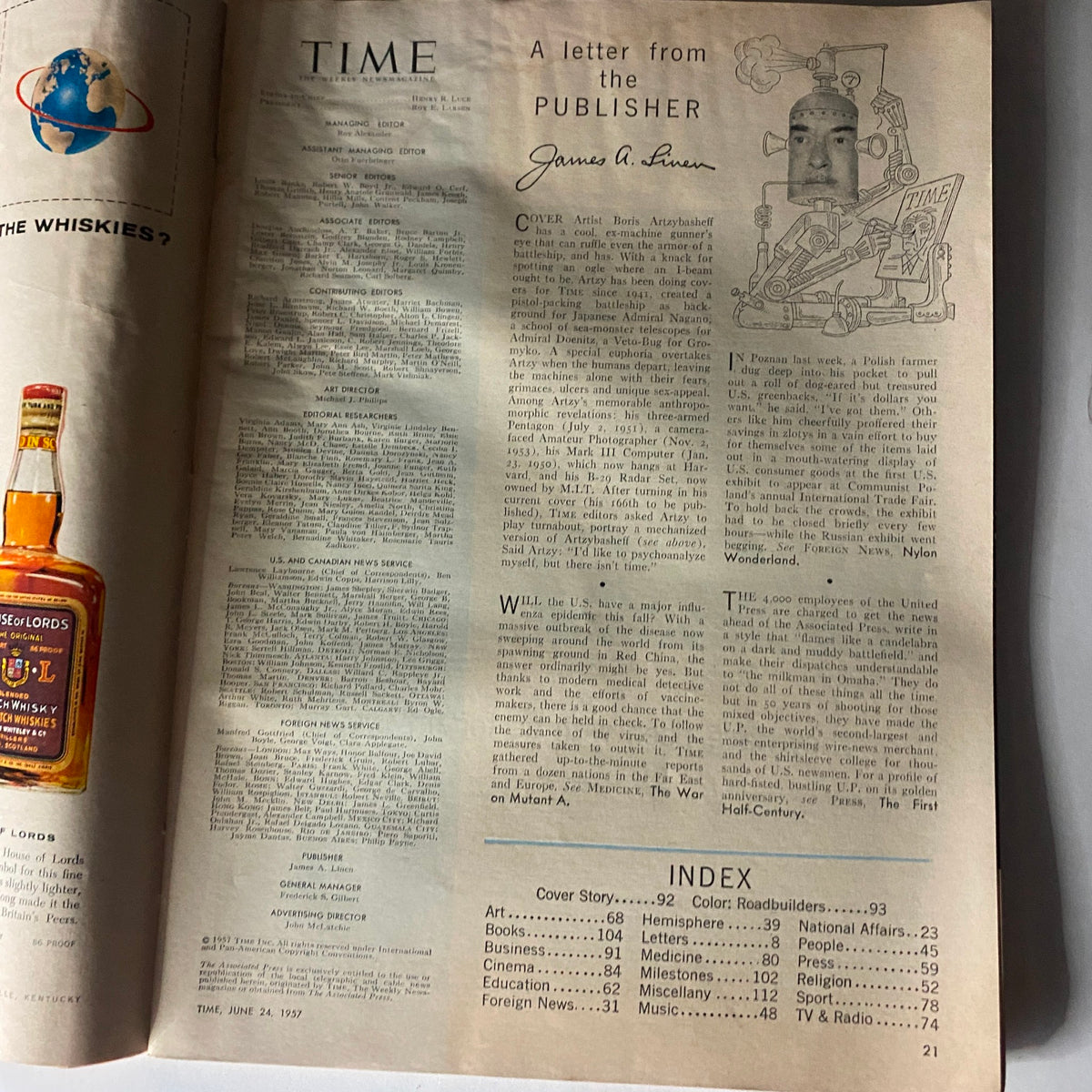 Inside page of VTG Time Magazine June 24, 1957 Vol 69 No. 25 showing the publisher's letter and an index, providing insight into the content of this vintage magazine.