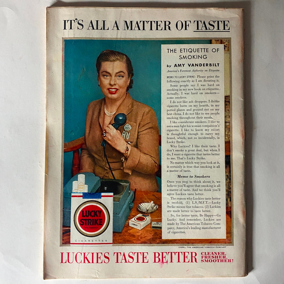 Advertisement page from VTG Time Magazine February 8, 1954, featuring a woman discussing smoking etiquette while promoting Lucky Strike cigarettes, reflecting mid-20th century advertising culture.