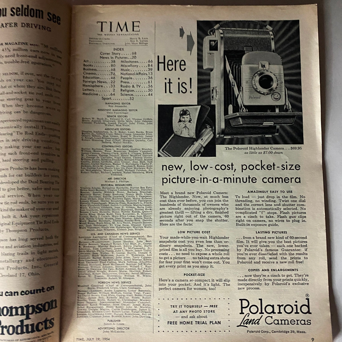 Inside page of VTG Time Magazine July 19, 1954, featuring an advertisement for the Polaroid Highlander Camera, highlighting its features and ease of use.
